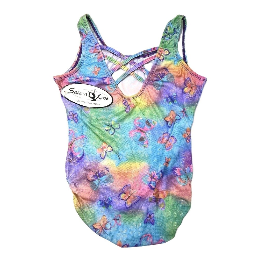 Satara VTG Neon Tie Dye Butterfly Sparkle Accent Tank Crossback Leotard Size AL - Picture 13 of 16